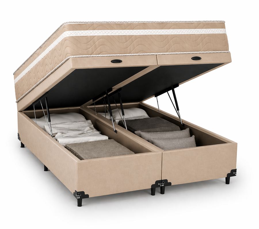 Kit Cama Box Baú + Colchão Mola Bonnel Queen 1,58m - Bege