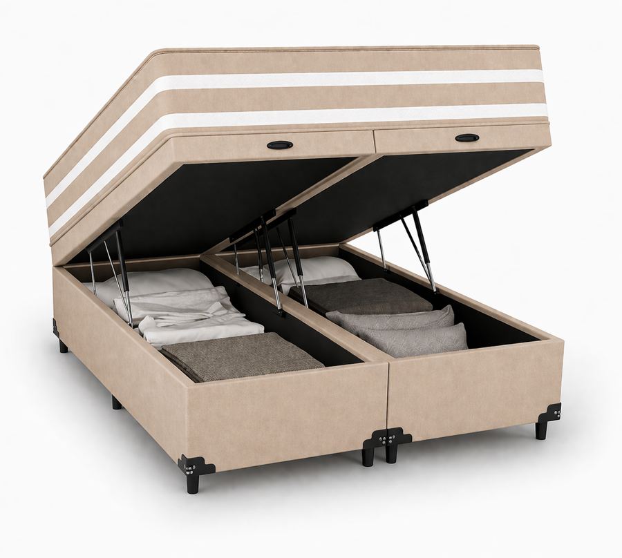 Kit Cama Box Baú + Colchão Mola Ensacada Queen 1,58m - Bege